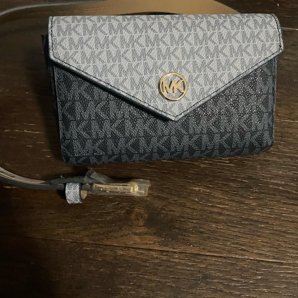 Michael Kors Blue Crossbody Bag with Monogram Pattern and Gold Hardware